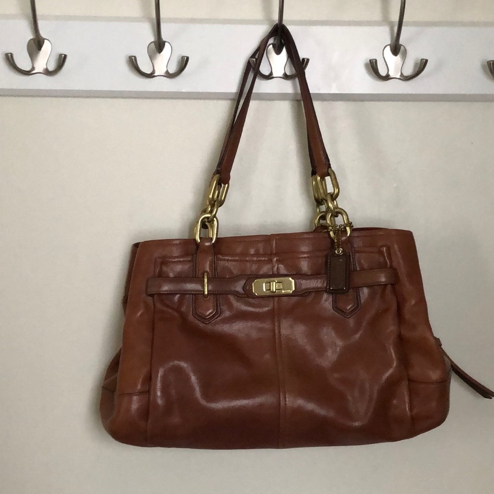 Tan leather Coach bag. Used with obvious wear